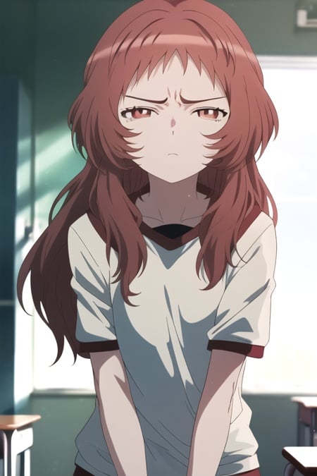 masterpiece, best quality, mie-san, red hair, looking at viewer, confused, sportswear, upper body, long hair, short sleeves, annoyed, classroom, red eyes