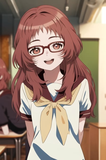 masterpiece, best quality, mie-san, red hair, looking at viewer,  glasses, school uniform, upper body, arms behind back, long hair, smile, open mouth, 