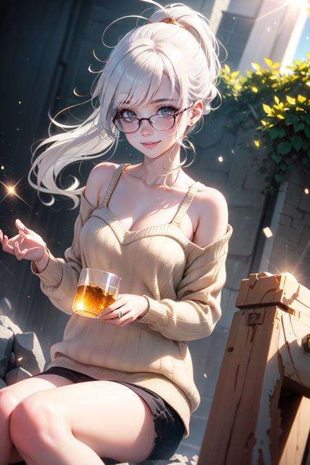 (realistic:1.2), (masterpiece, best quality, ultra-detailed), (beautiful detailed face, beautiful detailed eyes, volumetric lighting),1girl, solo, (dutch angle:1.3), (white hair, gold eyes:1.4), flat chest, ponytail hair, (dark brown sweater, yellow tube top:1.2), glasses,mksks style, (beautiful detailed rock, morning:1.2), (light particles, lens flare, chromatic aberration:1.3),