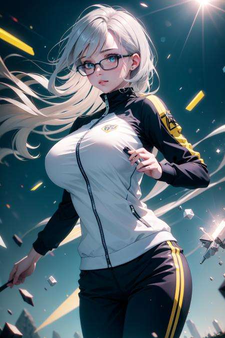 (realistic:1.2), (masterpiece, best quality, ultra-detailed), (beautiful detailed face, beautiful detailed eyes, volumetric lighting),1girl, solo, (dutch angle:1.2), straight hair hair, black hair, (Sapphire eyes:1.1), gigantic breasts, glasses, aquamarine tracksuit, (silver safari jacket),mksks style, (beautiful detailed ridge at  twightlight:1.2), (light particles, lens flare, chromatic aberration:1.3),