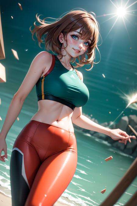 (realistic:1.2), (masterpiece, best quality, ultra-detailed), (beautiful detailed face, beautiful detailed eyes, volumetric lighting),1girl, solo, (dutch angle:1.3), (light brown hair, coral eyes:1.4), large breasts, hair flaps hair, (red leggings, teal crop top:1.2), surgical mask,mksks style, (beautiful detailed creek, noon:1.2), (light particles, lens flare, chromatic aberration:1.3),