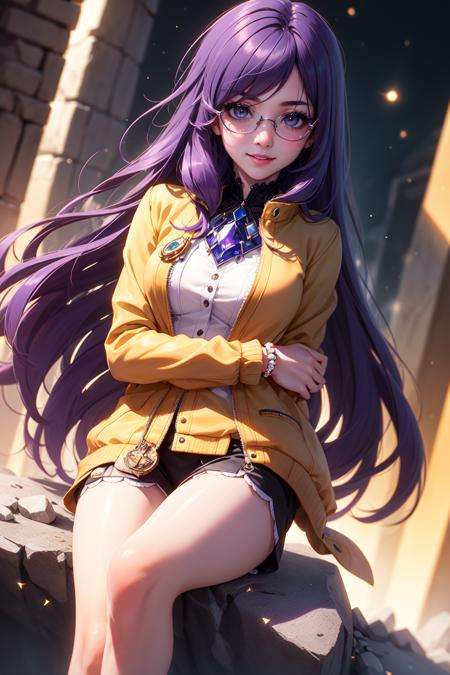 (realistic:1.2), (masterpiece, best quality, ultra-detailed), (beautiful detailed face, beautiful detailed eyes, volumetric lighting),1girl, solo, (dutch angle:1.3), (purple hair, Sapphire eyes:1.4), small breasts, layered hair hair, (peach beaded, peach jacket:1.2), monocle,mksks style, (beautiful detailed rock, night:1.2), (light particles, lens flare, chromatic aberration:1.3),