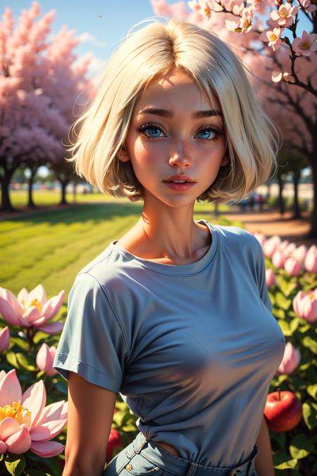 revAnimated_v1221 pretty 18 year old girl, absurdres, 8k uhd, platinum blonde hair, (tan skin), baby blue eyes, bob cut, medium breasts, black tshirt, denim shorts, garden background, flowers, magnolias, apple tree, close up portrait,SAM YANG, <lora:EMS-2950-EMS:0.8>, <lora:EMS-179-EMS:0.4>