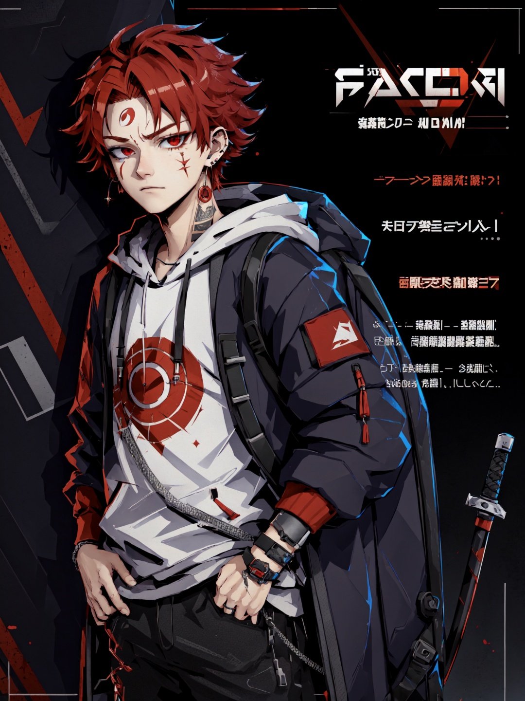 Defaults17Style, 1boy, male focus, solo, jewelry, scar, backpack, hoodie, red eyes, hood, kamado tanjirou, earrings, scar on face, red hair, weapon, bag, looking at viewer, hands in pockets, sword, jacket, short hair, long sleeves, english text, alternate costume, character name