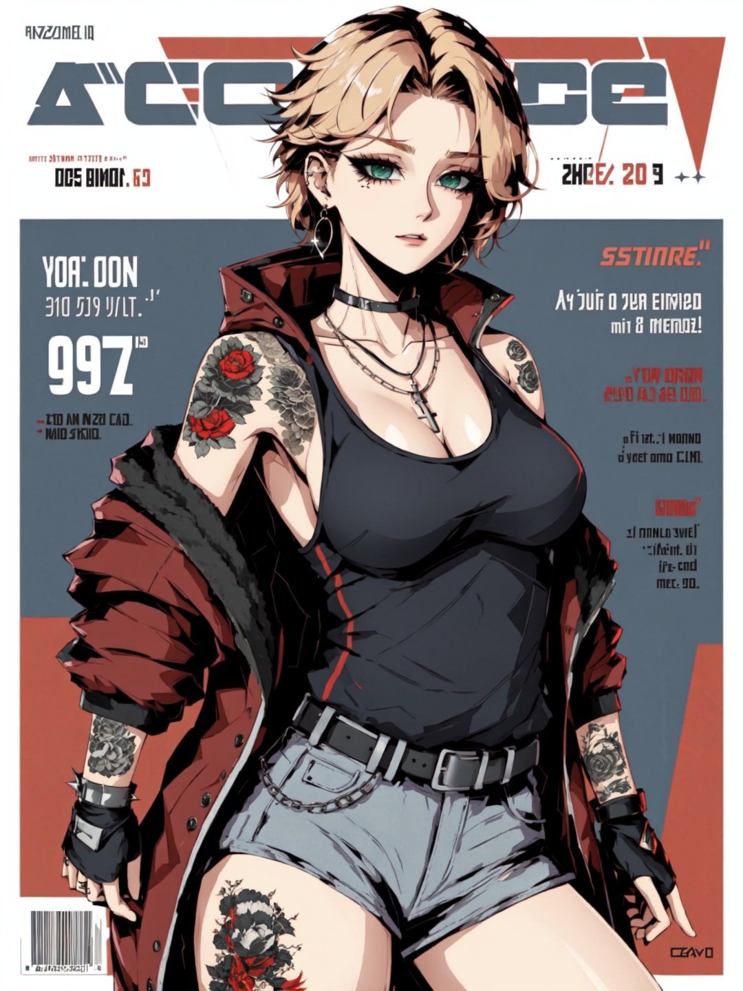 Defaults17Style, 1girl, jewelry, solo BREAK (magazine cover, english text:1.3), tattoo, short hair, necklace, jacket, belt, fingerless gloves, weapon, red background, gloves, green eyes, breasts, shorts, blonde hair, chain, spikes, thighhighs, holding, cleavage, black tank top, earrings, tank top, choker, white gloves, open clothes, character name, arm tattoo, hair over one eye, makeup, red jacket, black denim, bare shoulders, off shoulder, chain necklace, open jacket, thigh strap, looking at viewer, collarbone, piercing, black belt, medium breasts, neck tattoo, belt buckle, spiked collar, feet out of frame, cross, eyeshadow