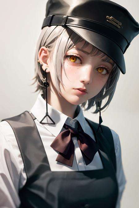 masterpiece, best quality,  <lora:fami:1>,1girl,hat,grey hair, short hair,earrings,yellow eyes, (red bow:1.2), school uniform, cool girl,expressionless,grey background, 