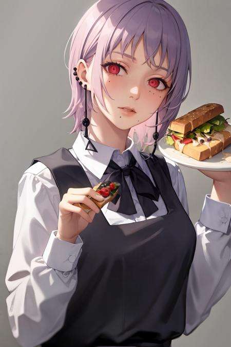 masterpiece, best quality,  <lora:fami:1>,1girl, food, solo, purple hair, grey background, eating, simple background, piercing, looking at viewer, red eyes, ear piercing, shirt, holding, ringed eyes, bread, white shirt, long sleeves, short hair, earrings, holding food, upper body, medium hair, jewelry, sandwich, sanpaku, collared shirt, vest, black vest