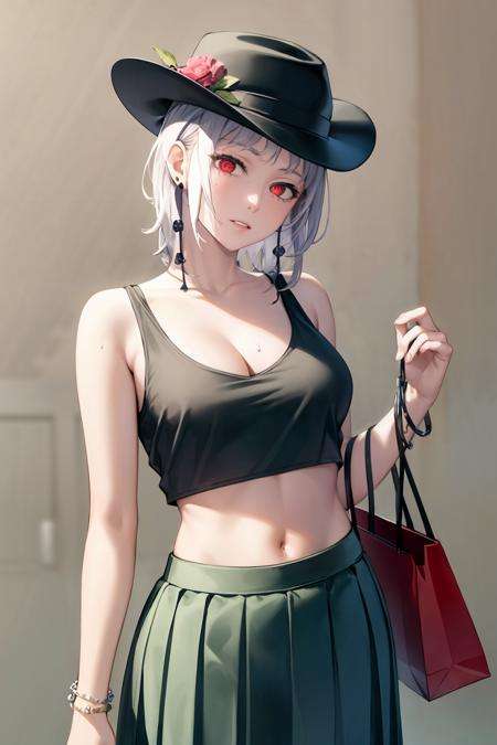 masterpiece, best quality,  <lora:fami:1>,1girl, solo, red eyes, hat, bag, white hair, jewelry, white background, breasts, looking at viewer, hat flower, flower, shopping bag, simple background, bracelet, skirt, holding bag, bare shoulders, navel, collarbone, earrings, tank top, holding, parted lips, medium breasts, o-ring, short hair, armlet, cleavage, midriff, cowboy shot, green skirt, standing, sun hat, bangs, handbag