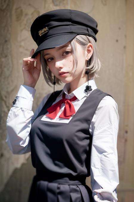 masterpiece, best quality,  <lora:fami:1>,1girl,hat,grey hair, short hair,earrings, red bow, school uniform, cool girl,expressionless, freckles