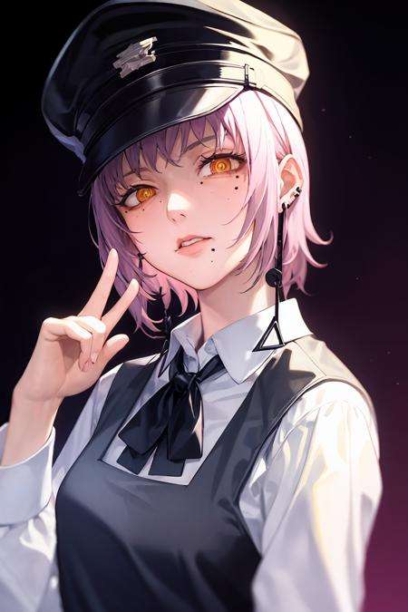 masterpiece, best quality,  <lora:fami:1>,solo, yellow eyes, hat, short hair, mole, shirt, earrings, jewelry, white shirt, looking at viewer, pink hair, necktie, black background, black headwear, mole under mouth, 1girl, long sleeves,  collared shirt, portrait, hand up, red necktie, parted lips, vest, shaded face, bangs, fox shadow puppet, mole under eye, peaked cap, upper body, middle finger, black vest, chromatic aberration