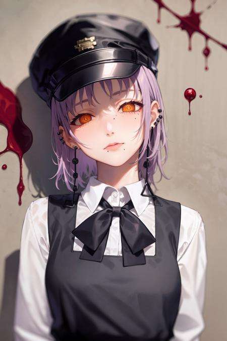 masterpiece, best quality,  <lora:fami:1>,1girl, solo, mole under mouth, blood splatter, hat, short hair, shirt, orange eyes, mole, looking at viewer, white shirt, head tilt, purple hair, earrings, jewelry, long sleeves, black headwear, upper body, blood, bow, bowtie, closed mouth, collared shirt, dress, black dress, ear piercing, bangs, black apron, piercing, black bow, vest, shaded face, ribbon, pinafore dress, neck ribbon, black ribbon