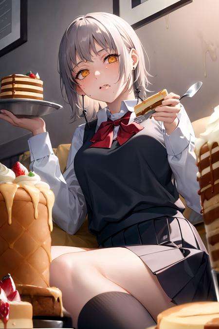 masterpiece, best quality,  <lora:fami:1>,1girl, grey hair,earrings, food, fork, solo, holding fork, shirt, socks, strawberry, yellow eyes, white shirt, fruit, holding, skirt, black socks, long sleeves, school uniform, food on face, kneehighs, cake, short hair, bow, red bow, collared shirt, bowtie, bangs, eating, pleated skirt, red bowtie, black vest, black skirt, vest, sitting, oversized object, plate, breasts, spoon, syrup, neck ribbon, whipped cream, miniskirt, pancake, lying, strawberry shortcake, red ribbon, ribbon, looking at viewer