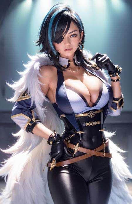 masterpiece, best quality,kaeya (genshin impact),mature female,large breasts, 1girl, female focus, eyepatch, dark-skinned female, gloves, solo, jewelry, blue hair, earrings, long hair, blue eyes, single earring, dark skin, bangs, black gloves, smile, fingerless gloves, closed mouth