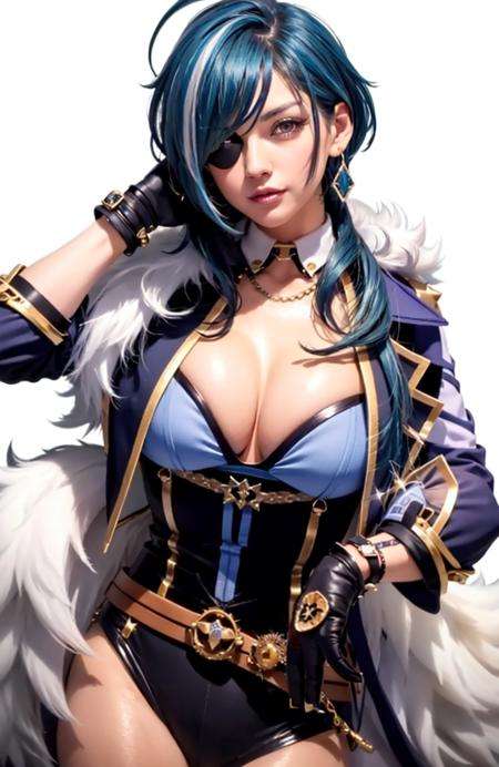 masterpiece, best quality,kaeya (genshin impact),mature female,large breasts, 1girl, female focus, eyepatch, dark-skinned female, gloves, solo, jewelry, blue hair, earrings, long hair, blue eyes, single earring, dark skin, bangs, black gloves, smile, fingerless gloves, closed mouth