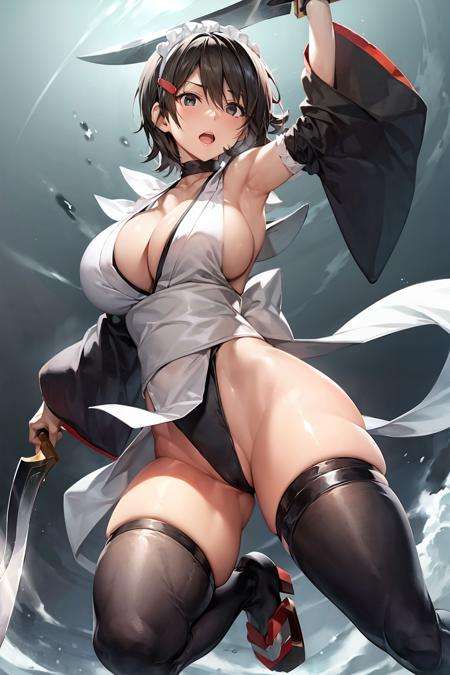 masterpiece, best quality,1girl, iroha (samurai spirits), breasts, black hair, ass, thighhighs, holding, maid headdress, weapon, maid, thick thighs, thighs, leotard, short hair, large breasts, open mouth, sideboob, blade, cleavage, black eyes, hair ornament, dual wielding,  detached sleeves, toeless legwear, wide sleeves, holding weapon, black thighhighs, solo, thigh strap, black leotard, sword, armpits, hairclip, highleg leotard, highleg,  japanese clothes, bangs, flipped hair