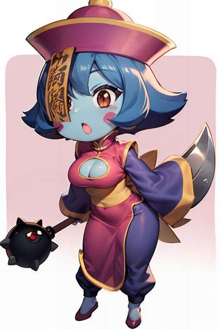 masterpiece, best quality, <lora:leilei:1>,1girl, lei lei,chibi, cleavage cutout, clothing cutout, jiangshi, qing guanmao, weapon, colored skin, solo, flipped hair, hat, chinese clothes, blue skin, short hair, breasts, claws, chain, white border, cleavage, border, open mouth, ofuda, pink background, full body, spikes, blue hair, simple background, dress, black eyes, pink headwear, medium breasts, pink dress, purple hair, long sleeves, chibi, outside border, pants, blush stickers, sash, china dress, brown eyes, holding weapon, standing, one eye covered, white background