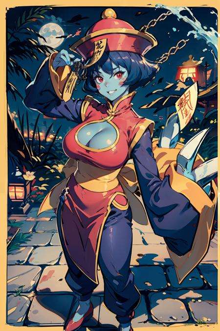 masterpiece, best quality, <lora:leilei:1>,1girl, lei lei, solo, breasts, cleavage cutout, colored skin, flipped hair, clothing cutout, hat, short hair, blue skin, jiangshi, qing guanmao, cleavage, chinese clothes, chain, ofuda, blush stickers, claws, weapon, smile, large breasts, pants, sash, red eyes, grin, claw (weapon), moon, full body, purple hair, standing, looking at viewer, long sleeves, pelvic curtain, signature, night, arm up, yellow sash, shoes, red footwear, full moon, artist name, wide sleeves, blue hair, sleeves past wrists, flats, hair between eyes, stone floor, teeth