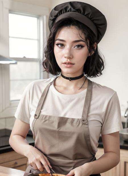 RAW Photo, DSLR, professional color graded, BREAK portrait photograph of girl Ar1aAl3xander, (makeup, eyeliner:1.2), choker, wearing a chef cap, (an apron, wearing shirt:1.2), in restaurant kitchen, cooking food, fire, frying pan, sharp focus, HDR, 8K resolution, intricate detail, sophisticated detail, depth of field, analogue RAW DSLR, photorealistic, looking at viewer, <lora:detailed_eye:0.8>, <lora:Ar1aAl3xander:0.75>