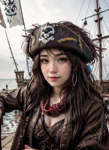 RAW Photo, DSLR, professional color graded, BREAK (closeup) portrait photograph of girl Em1ru, pirate queen, red scarf, pirate ship in the background, sharp focus, HDR, 8K resolution, intricate detail, sophisticated detail, depth of field, analogue RAW DSLR, photorealistic, looking at viewer,, <lora:detailed_eye:0.8>, <lora:Em1ru:0.65>  <lora:PiratePunkAIV4:0.8>