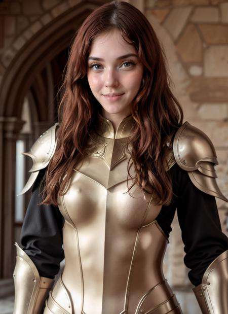 RAW Photo, DSLR, professional color graded, BREAK photograph of van1llal1nds woman, red hair, wearing golden paladin armor, in a castle, sharp focus, HDR, 8K resolution, intricate detail, sophisticated detail, depth of field, analogue RAW DSLR, photorealistic, looking at viewer, <lora:van1llal1nds:0.55>, <lora:detailed_eye:0.8> <lora:PLD_amor:0.85>