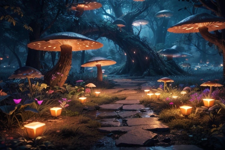 An otherworldly forest where bioluminescent mushrooms light the way, leading to hidden portals that transport adventurers to enchanted realms. Rendered in a mix of photography, CGI render, and digital artwork.