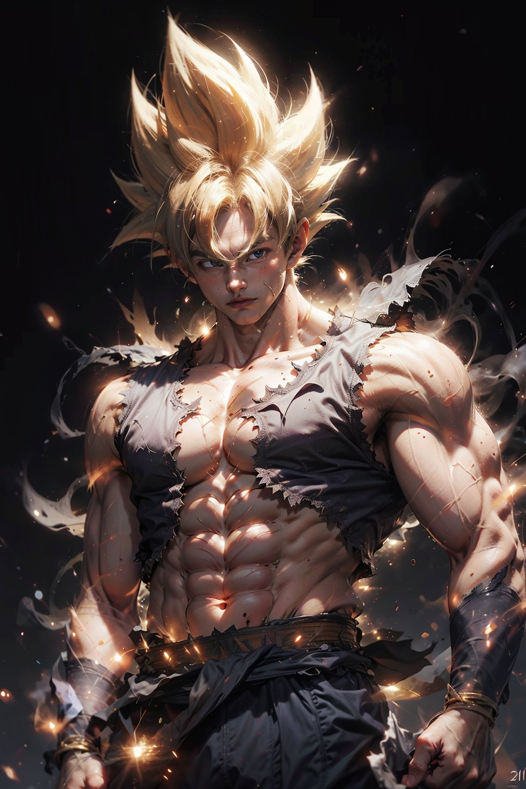 1 boy,(male focus:1.1),(male muscles:1.2),SAIYA,super saiyan,(looking at viewer),super saiyan 1 ,(white eye:1.2),(blond hair:1.1),(pectoral),(abdominal muscle),(big muscle),