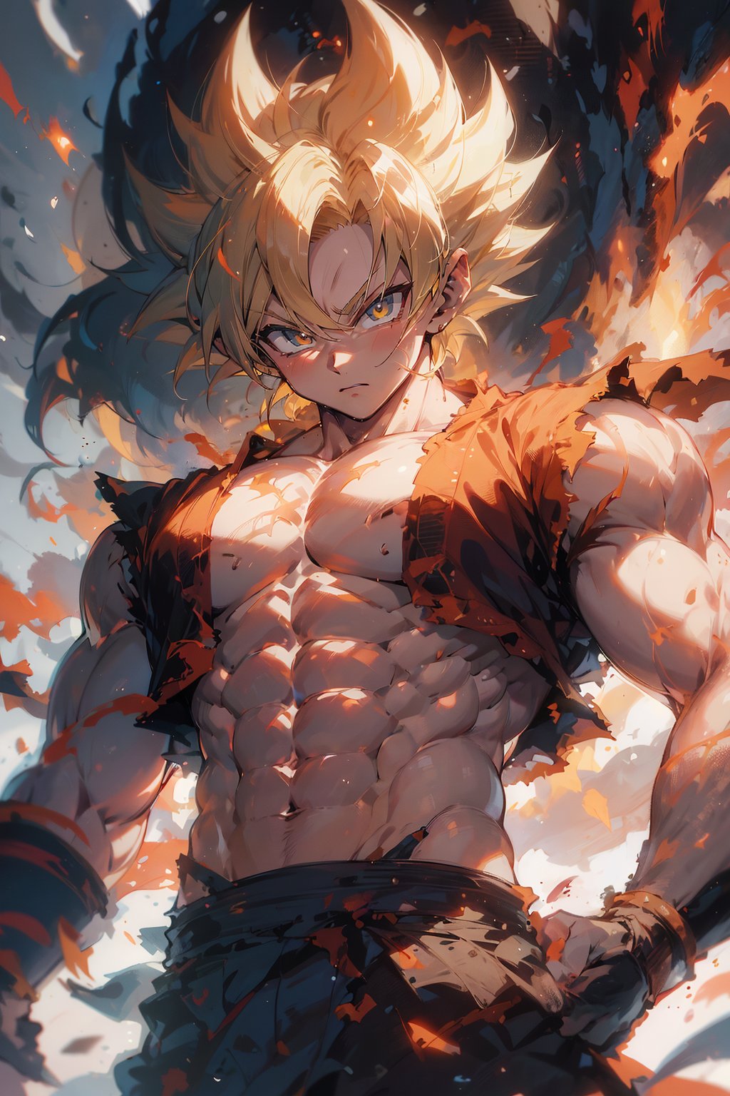 1 boy,(male focus:1.1),(male muscles:1.2),SAIYA,super saiyan,(looking at viewer),super saiyan 1 <lora:SAIYA_20230713174446-000016:0.9>,(white eye:1.2),(blond hair:1.1),(pectoral),(abdominal muscle),(big muscle),