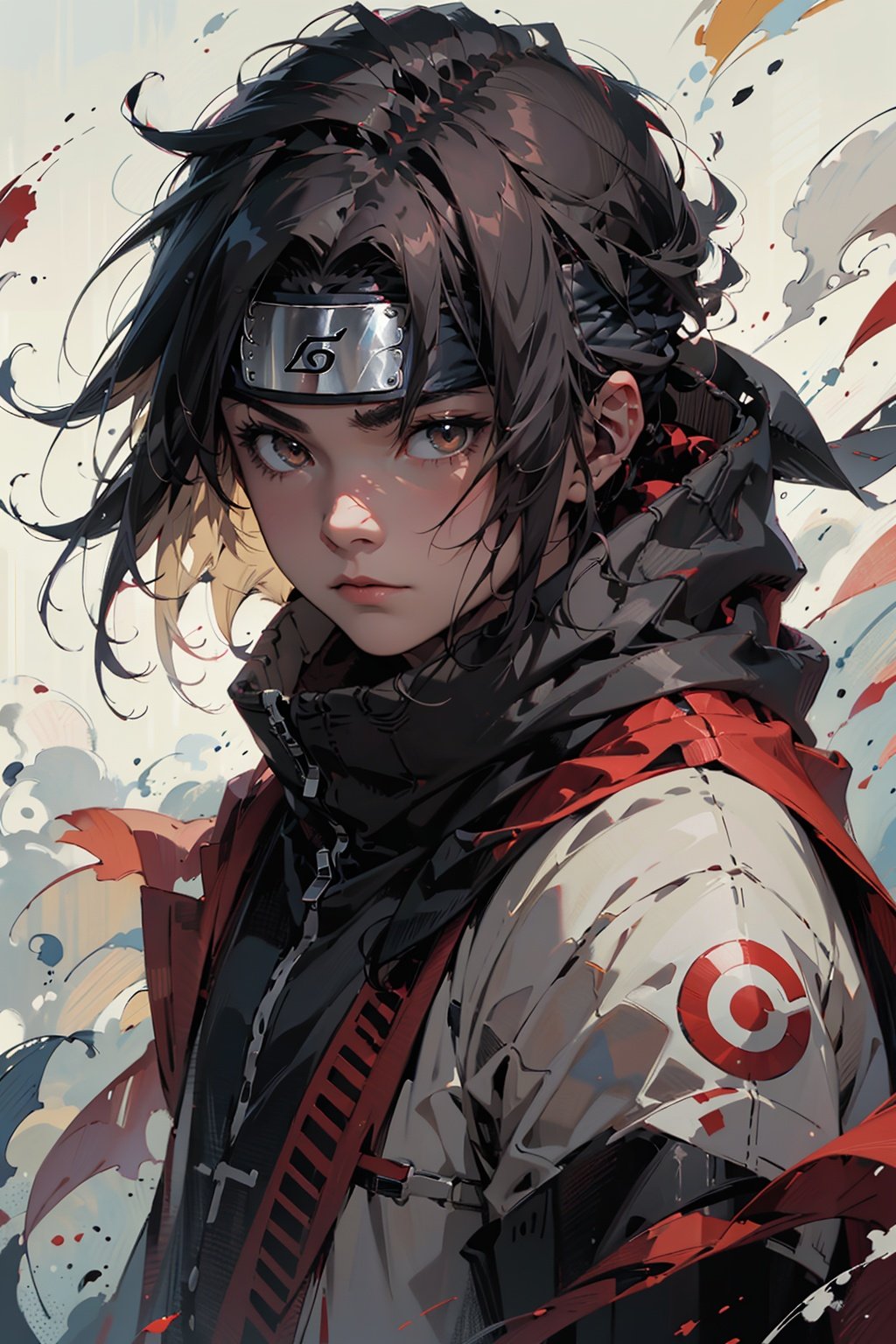 BJ_Oil_painting,Sasuke,solo,looking at viewer,short hair,black hair,1boy,brown eyes,closed mouth,upper body,male focus,headband,ninja,forehead protector,konohagakure symbol,cinematic lighting,strong contrast,high level of detail,Best quality,masterpiece,White background,<lora:Oil_painting-000018:0.6>,