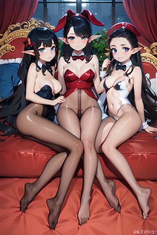 loli,petety,petite playboy bunny girl,petite demon_princess,elf,full body,(3girls),masterpiece, top quality, best quality,,no shoes,no panties,pantyhose