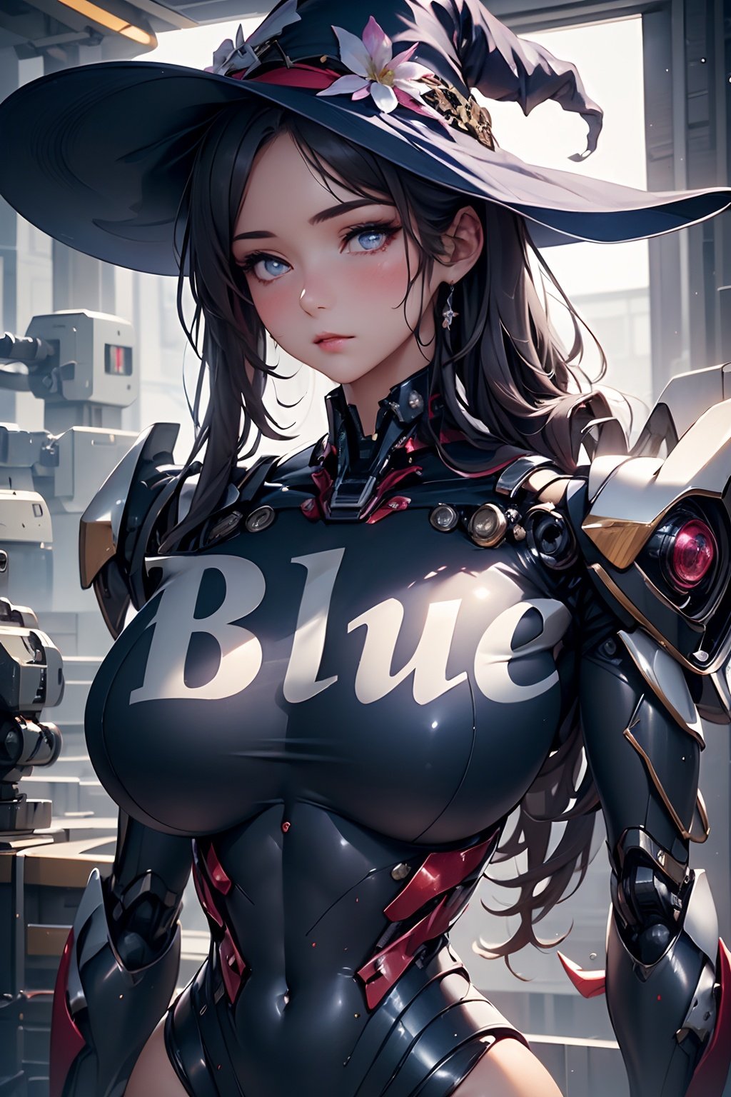 1girl, waist up, long_hair, blush, Chubby, shiny skinbest quality, robe, White_robe, mecha suit, Sexy_mecha, masterpiece, (photorealistic:1.4),huge boobs, ,baihuaniang,Witch costume,curtains,Mecha girl figure,blue_jijiaS