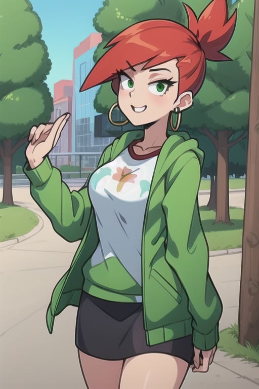 frankie_wai with Green eyes, wearing Green jacket, skirt, with shirt, ear earrings, in park, masterpiece, 8k,