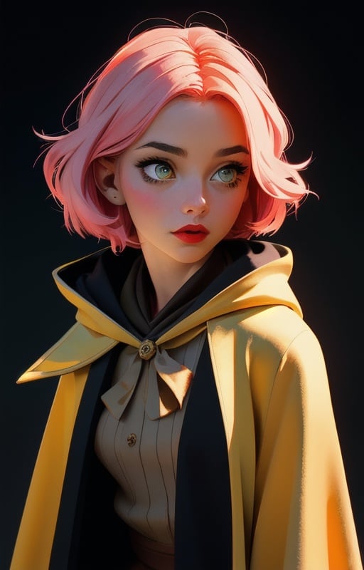 1girl, short pink hair,(hufflepuff House Cloak),( inner cloak yellow:1), (outer cloack black:1),yellow eyes, looking at viewer, solo, upper body,(masterpiece:1.4),(best quality:1.4),red lips,parted lips, hogwarts castle:1,dramatic shadows,extremely_beautiful_detailed_anime_face_and_eyes,an extremely delicate and beautiful,dynamic angle, cinematic camera, dynamic pose,depth of field,chromatic aberration,backlighting,Watercolor, Ink, epic, candystyle,