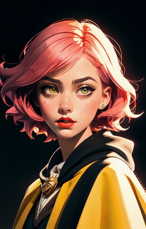 1girl, short pink hair,(hufflepuff House Cloak),( inner cloak yellow:1), (outer cloack black:1),yellow eyes, looking at viewer, solo, upper body,(masterpiece:1.4),(best quality:1.4),red lips,parted lips, hogwarts castle:1,dramatic shadows,extremely_beautiful_detailed_anime_face_and_eyes,an extremely delicate and beautiful,dynamic angle, cinematic camera, dynamic pose,depth of field,chromatic aberration,backlighting,Watercolor, Ink, epic, candystyle,