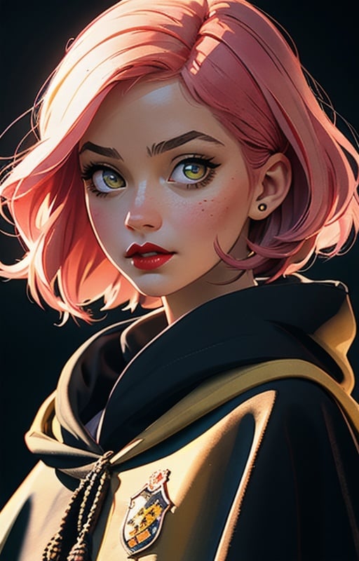 1girl, short pink hair,(hufflepuff House Cloak),( inner cloak yellow:1), (outer cloack black:1),yellow eyes, looking at viewer, solo, upper body,(masterpiece:1.4),(best quality:1.4),red lips,parted lips, hogwarts castle:1,dramatic shadows,extremely_beautiful_detailed_anime_face_and_eyes,an extremely delicate and beautiful,dynamic angle, cinematic camera, dynamic pose,depth of field,chromatic aberration,backlighting,Watercolor, Ink, epic, candystyle,