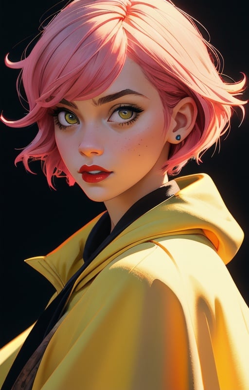 1girl, short pink hair,(hufflepuff House Cloak),( inner cloak yellow:1), (outer cloack black:1),yellow eyes, looking at viewer, solo, upper body,(masterpiece:1.4),(best quality:1.4),red lips,parted lips, hogwarts castle:1,dramatic shadows,extremely_beautiful_detailed_anime_face_and_eyes,an extremely delicate and beautiful,dynamic angle, cinematic camera, dynamic pose,depth of field,chromatic aberration,backlighting,Watercolor, Ink, epic, candystyle,