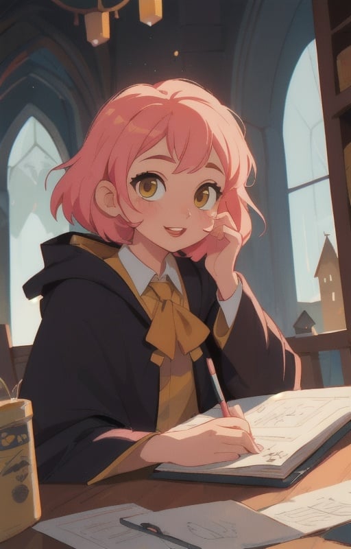 1girl, short pink hair,(hufflepuff House Cloak),( inner cloak yellow:1), (outer cloack black:1),yellow eyes, looking at viewer, solo, upper body,(masterpiece:1.4),(best quality:1.4),red lips,parted lips, ((hogwarts castle:1)),(indoor castle:1),dramatic shadows,extremely_beautiful_detailed_anime_face_and_eyes,an extremely delicate and beautiful,dynamic angle, cinematic camera, dynamic pose,depth of field,chromatic aberration,backlighting,Watercolor, Ink, epic, candystyle,(cute:1),happy,vibrant,colorful,pop,