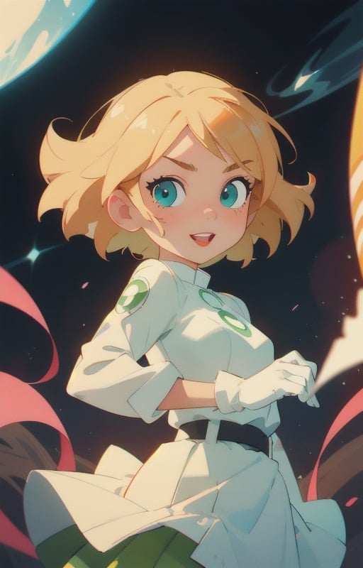 1girl, short blondie hair,blue eyes, green lantern, white bodysuit,((tight green skirt)), white gloves,slim waist, looking at viewer, solo, upper body,(masterpiece:1.4),(best quality:1.4),red lips,parted lips,dramatic shadows,extremely_beautiful_detailed_anime_face_and_eyes,an extremely delicate and beautiful,dynamic angle, cinematic camera, dynamic pose,depth of field,chromatic aberration,backlighting,Watercolor, Ink, epic, candystyle,chibi style,cute,happy,vibrant,colorful,nature,pop,omnipotent goddess, universe, milky way, particles, black hole, transcendent being,wind, spectral, playful, flying, floating, flirty,hero view:1.5, full shot:1.5,