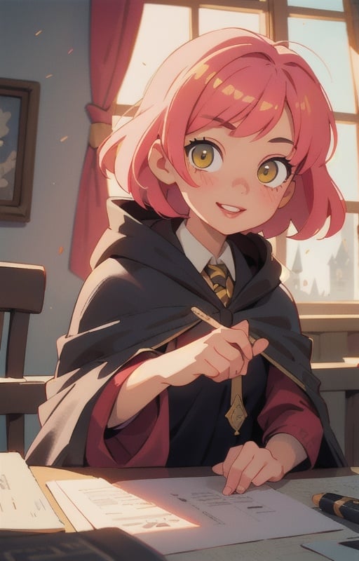 1girl, short pink hair,(hufflepuff House Cloak),( inner cloak yellow:1), (outer cloack black:1),yellow eyes, looking at viewer, solo, upper body,(masterpiece:1.4),(best quality:1.4),red lips,parted lips, ((hogwarts castle:1)),(indoor castle:1),dramatic shadows,extremely_beautiful_detailed_anime_face_and_eyes,an extremely delicate and beautiful,dynamic angle, cinematic camera, dynamic pose,depth of field,chromatic aberration,backlighting,Watercolor, Ink, epic, candystyle,(cute:1),happy,vibrant,colorful,pop,