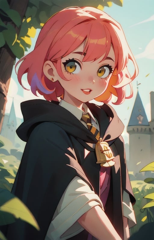 1girl, short pink hair,(hufflepuff House Cloak),( inner cloak yellow:1), (outer cloack black:1),yellow eyes, looking at viewer, solo, upper body,(masterpiece:1.4),(best quality:1.4),red lips,parted lips, ((hogwarts castle:1)),(indor castle:1),dramatic shadows,extremely_beautiful_detailed_anime_face_and_eyes,an extremely delicate and beautiful,dynamic angle, cinematic camera, dynamic pose,depth of field,chromatic aberration,backlighting,Watercolor, Ink, epic, candystyle,chibi style,cute,happy,vibrant,colorful,nature,pop,