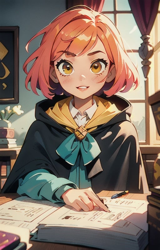 1girl, short pink hair,(hufflepuff House Cloak),( inner cloak yellow:1), (outer cloack black:1),yellow eyes, looking at viewer, solo, upper body,(masterpiece:1.4),(best quality:1.4),red lips,parted lips, ((hogwarts castle:1)),(indoor castle:1),dramatic shadows,extremely_beautiful_detailed_anime_face_and_eyes,an extremely delicate and beautiful,dynamic angle, cinematic camera, dynamic pose,depth of field,chromatic aberration,backlighting,Watercolor, Ink, epic, candystyle,(cute:1),happy,vibrant,colorful,pop,