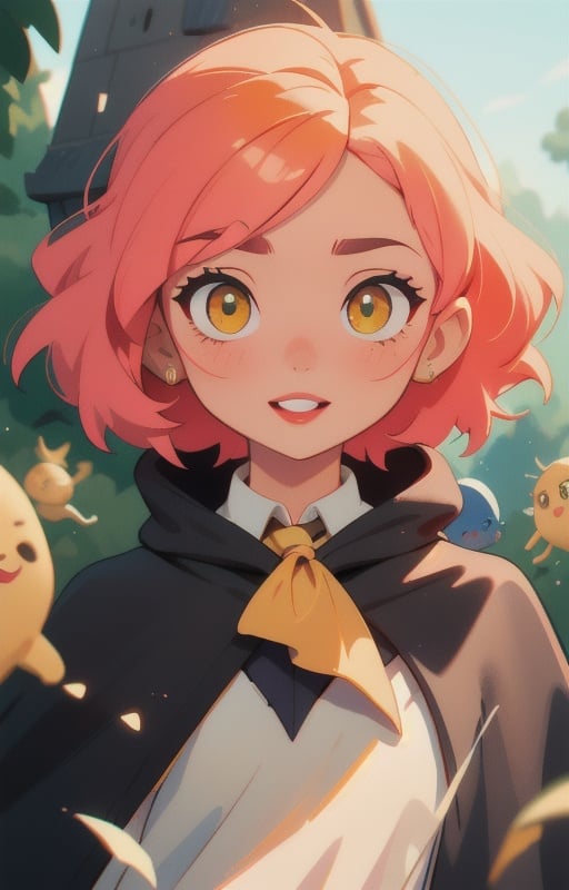 1girl, short pink hair,(hufflepuff House Cloak),( inner cloak yellow:1), (outer cloack black:1),yellow eyes, looking at viewer, solo, upper body,(masterpiece:1.4),(best quality:1.4),red lips,parted lips, ((hogwarts castle:1)),dramatic shadows,extremely_beautiful_detailed_anime_face_and_eyes,an extremely delicate and beautiful,dynamic angle, cinematic camera, dynamic pose,depth of field,chromatic aberration,backlighting,Watercolor, Ink, epic, candystyle,chibi style,cute,happy,vibrant,colorful,nature,pop,