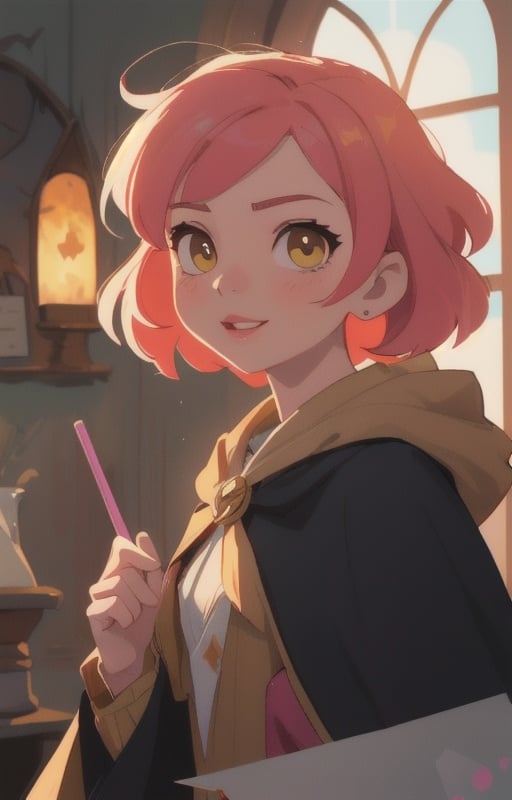 1girl, short pink hair,(hufflepuff House Cloak),( inner cloak yellow:1), (outer cloack black:1),yellow eyes, looking at viewer, solo, upper body,(masterpiece:1.4),(best quality:1.4),red lips,parted lips, ((hogwarts castle:1)),(indoor castle:1),dramatic shadows,extremely_beautiful_detailed_anime_face_and_eyes,an extremely delicate and beautiful,dynamic angle, cinematic camera, dynamic pose,depth of field,chromatic aberration,backlighting,Watercolor, Ink, epic, candystyle,(cute:1),happy,vibrant,colorful,pop,