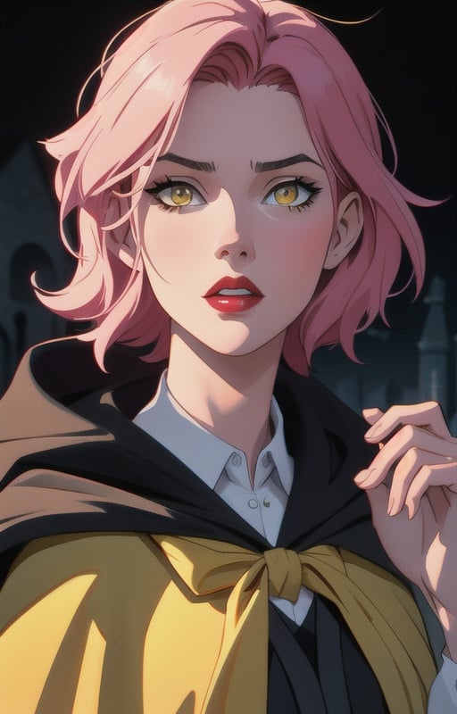 1girl, short pink hair,(hufflepuff House Cloak),( inner cloak yellow:1), (outer cloack black:1),yellow eyes, looking at viewer, solo, upper body,(masterpiece:1.4),(best quality:1.4),red lips,parted lips, hogwarts castle:1,dramatic shadows,extremely_beautiful_detailed_anime_face_and_eyes,an extremely delicate and beautiful,dynamic angle, cinematic camera, dynamic pose,depth of field,chromatic aberration,backlighting,Watercolor, Ink, epic, candystyle,