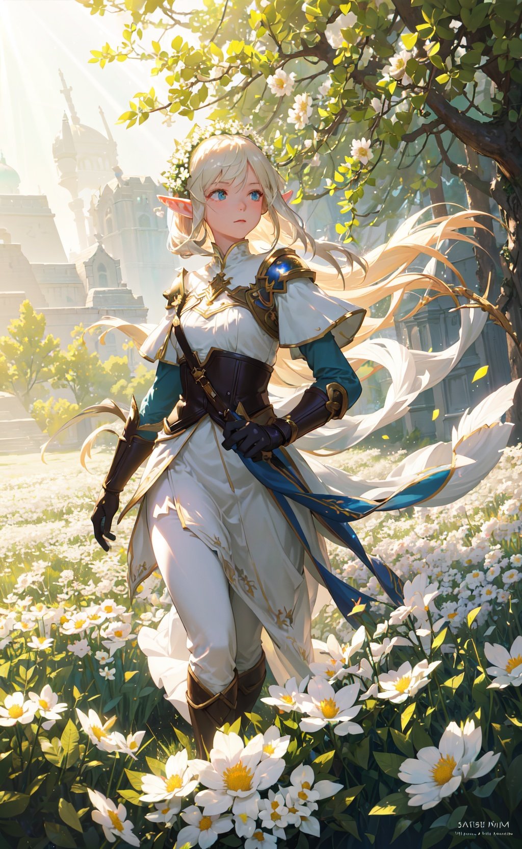 masterpiece, best quality, 1girl, elf adventurer walking through a field of white flowers, dutch angle, cinematic, volumetric lighting, sunbeam, soft lighting, mystical, magical, rim lighting, fantasy, sparkle, glittering