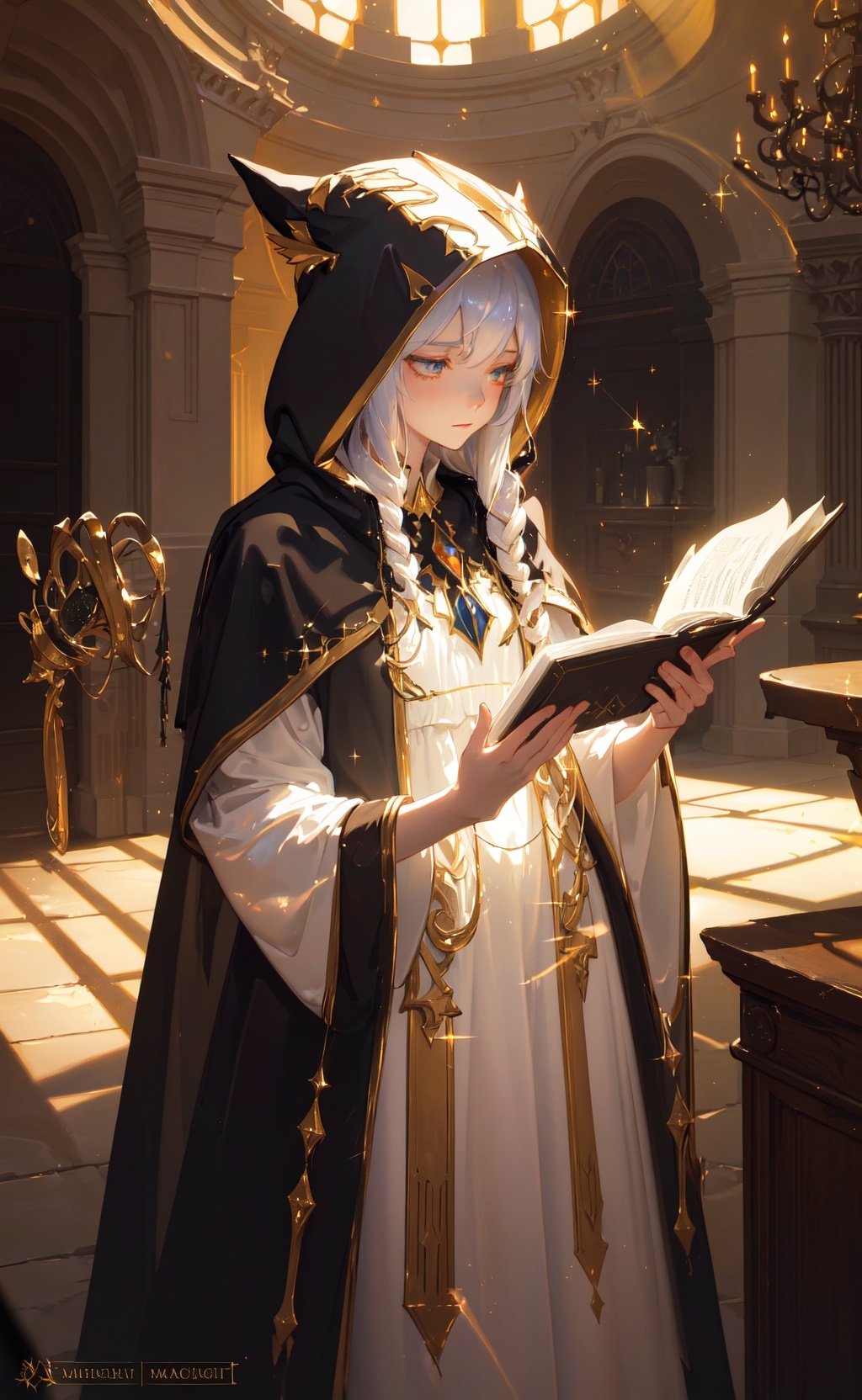 masterpiece, best quality, John Singer Sargent, young sorceress studying, hood up, moody lighting, tranquil, calm, glow, glowing, mystical, magical, rim lighting, fantasy, sunbeam, soft lighting, sparkle, glittering