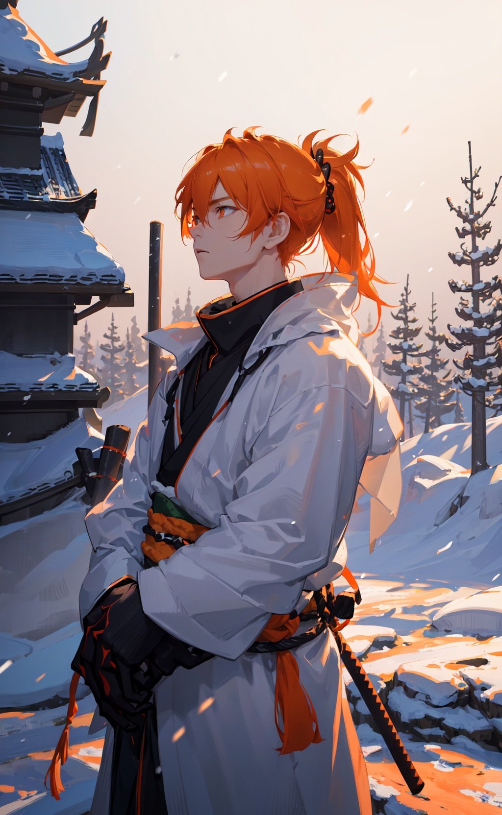 masterpiece, best quality, 1boy, samurai, short orange hair, ponytail, winter, snow, snowing, snowflakes, volumetric lighting, rim lighting