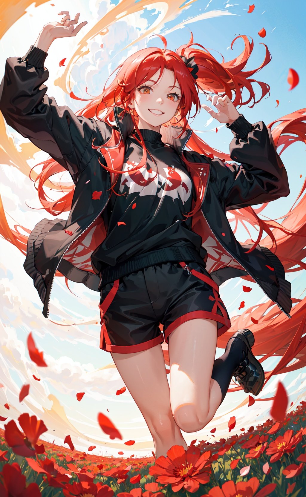 fisheye lens, masterpiece, best quality, 1girl, jumping in a field of red flowers, (petals:1.2), red ponytail, long hair, oversized track jacket, shorts, jewelry, smile, sky, (from below:0.9)