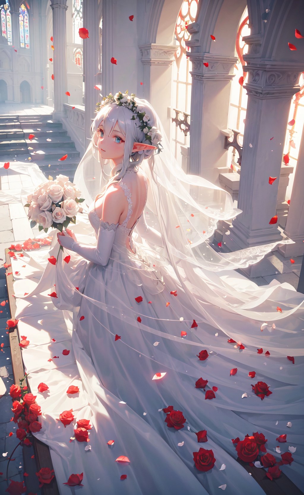 masterpiece, best quality, 1girl, elf bride, white flowing bridal dress, (rose petals:1.3), church, sunbeam, volumetric lighting, (from above:0.8)