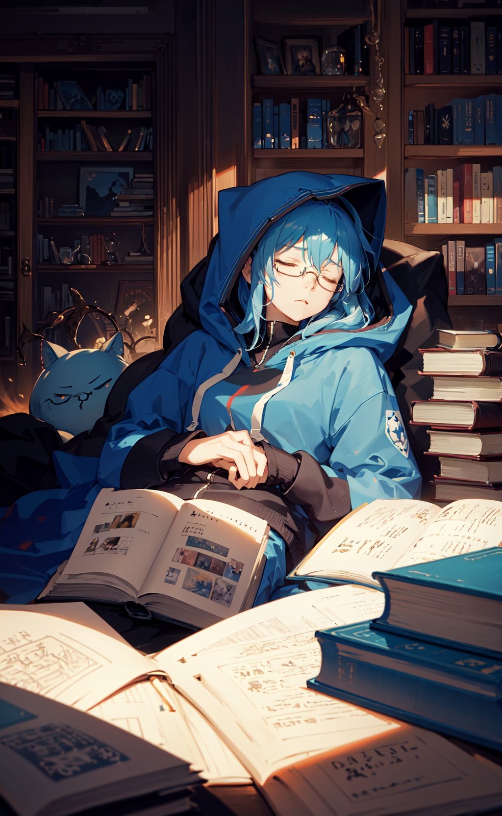 masterpiece, best quality, 1girl, lying down surrounded by books, books everywhere, on back, blue hair, medium hair, hoodie, hood up, glasses, jewelry, closed eyes, dim lighting, dark moody lighting