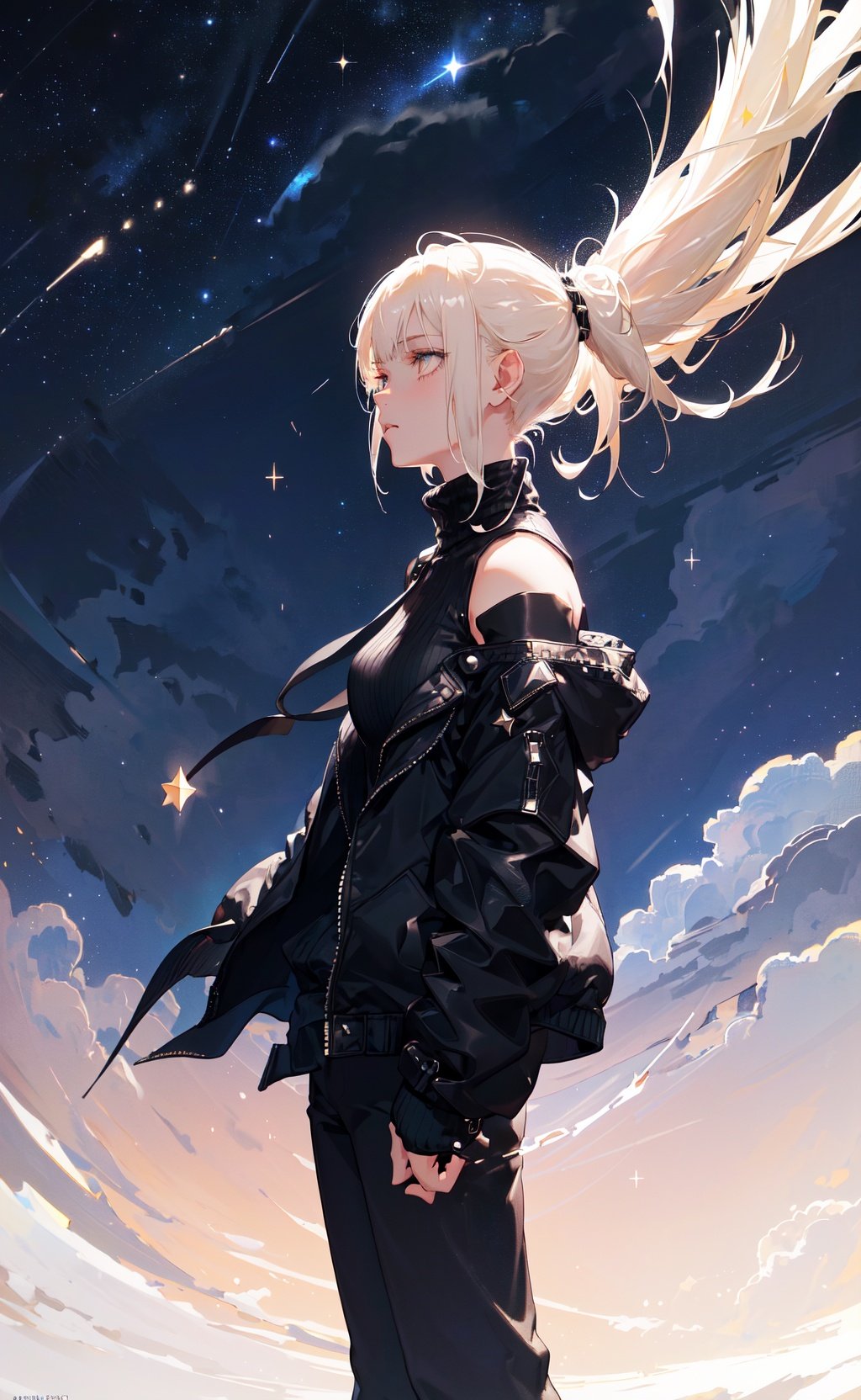 masterpiece, best quality, 1girl, short hair, ponytail, platinum blonde hair, turtleneck, open jacket, trousers, off shoulder, (dark moody lighting, night sky, night, starry sky, star \(sky\), sparkle:1.1), from side